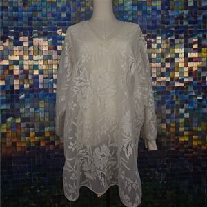 Lace Tunic Top V-Neck Long Sleeve Floral Sheer Cream‎ Cover Up